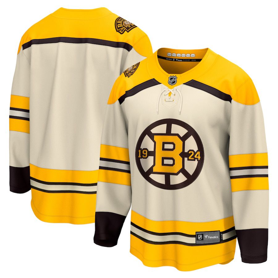 Men Boston Bruins Fanatics Branded Cream 100th Anniversary Premier Breakaway NHL Jersey->->NHL Jersey